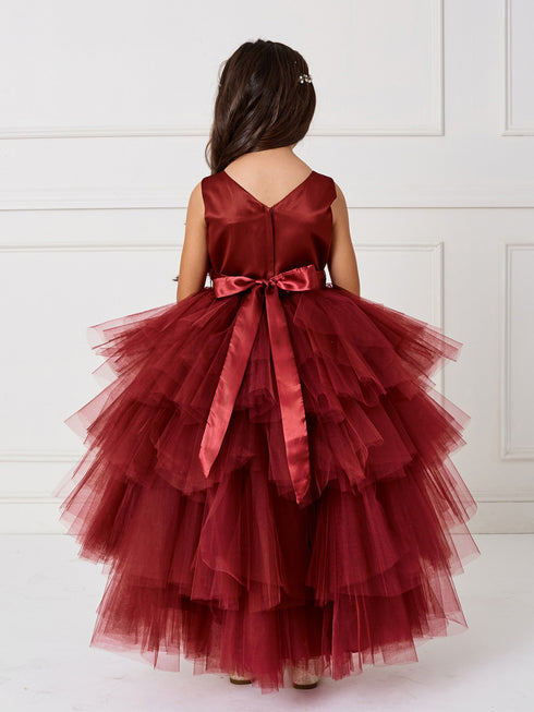 Little Girls Burgundy Sash Ruffled Tulle High-Low Flower Girl Dress 2-6 - SophiasStyle.com